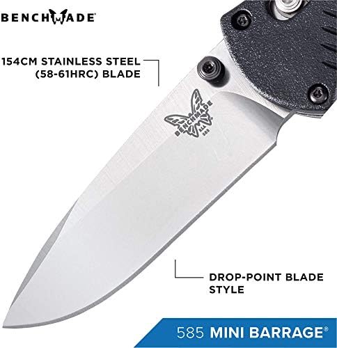 סכין מיני ספסל מיני סכין 585, להב נקודה, קצה רגיל, גימור סאטן, ידית שחורה, תוצרת ארהב