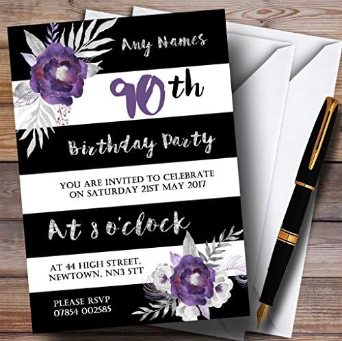 פרח סגול של כסף לבן שחור הזמנות למסיבת יום הולדת בהתאמה אישית 90