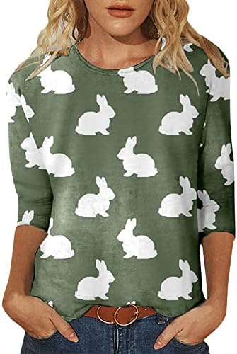 חולצות טי פסחא של צ'ייקי לנשים 3/4 שרוול נשים הדפסת ארנבות צוות אופנה מזדמן כפתור צוואר כפתור שלוש צמרות