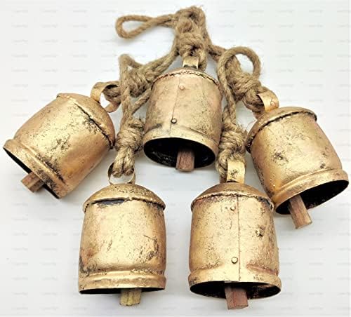 עבודות יד של Carfar וינטג 'פעמוני פרה מתכת כפרית סט של 5 פעמונים בגדול 10 סמ בפעמונים כפריים בעבודת יד על חבל