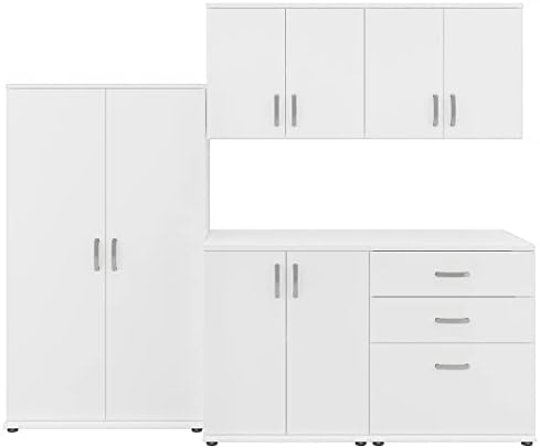 ריהוט עסקי בוש אוניברסלי 5 חלקים לאחסון מוסך מודולרי עם ארונות רצפה וקיר, לבן