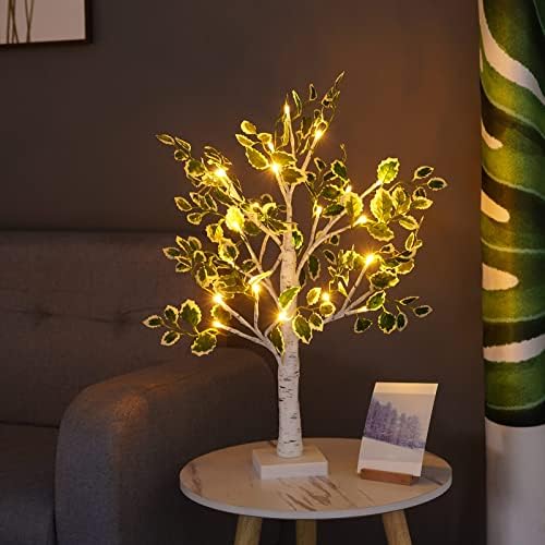 2ft 24 LED LED לבן חם אור מעלה עץ ליבנה עם עלים ירוקים, עץ חג מולד קטן מלא מלאכותי עם אורות עם סוללת טיימר המופעלת