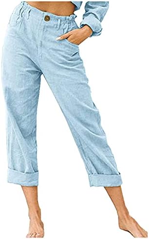 מכנסי איכרים לנשים מכנסי פשתן חוף קיץ 3/4 מכנסי טרנינג מכנסיים קפרי מותניים אלסטיים מכנסיים חצוצים