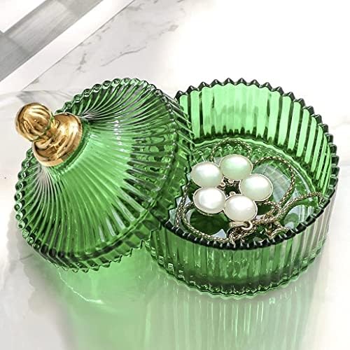 תיבת תכשיטים של תכשיטים Ruvoo קופסת תכשיטים מזכוכית ירוקה קופסת אחסון עם מכסה זהב צבוע שעון אמבטיה