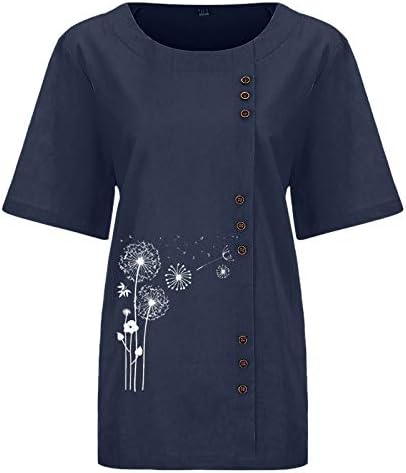 נשים 2023 קיץ אופנה חולצות טרנדי כותנה פשתן צווארון עגול קצר שרוול בסיסי חולצה בציר פרחוני טי חולצות