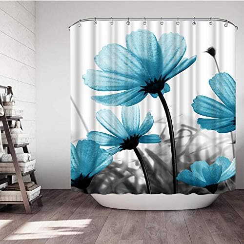 וילון מקלחת מבד פוליאסטר vividhome סט עם 12 ווילון מקלחת פרחים כחול לבן 3D לבנות עיצוב אמבטיה