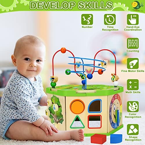 למידה צעצועים לפעוטות 1, 2, 3 שנים, 7 ב 1 עץ פעילות קוביית, מונטסורי מוקדם צעצועים חינוכיים עבור תינוק