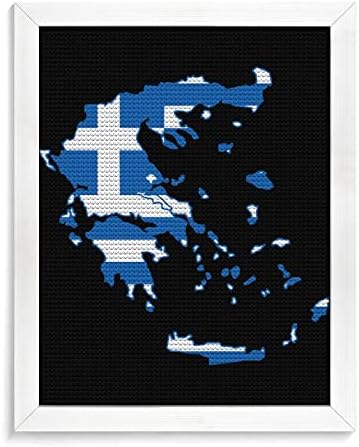 דגל מפת יוון ציור יהלום עגול עם מסגרת מלאת תמונת קידוח לקישוט קיר
