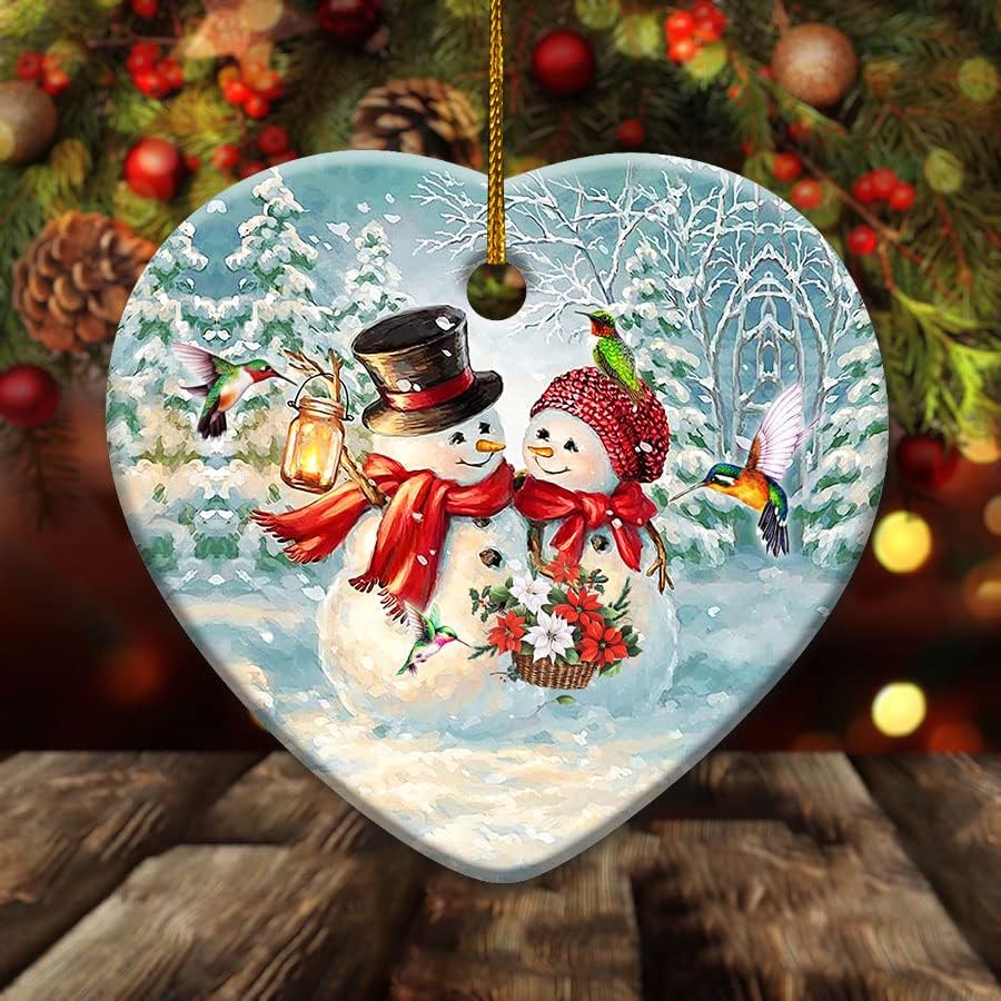 קישוט עץ חג המולד של Snowbird של השלג, קישוט עץ תלייה תלייה, קישוט איש שלג, קישוט לב קרמיקה לחג