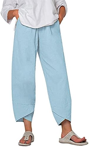 מכנסי פשתן כותנה לנשים 2023 המותניים האלסטיות הקאפרי הקאפרי מכנסיים קזזים קצוצים קצוצים רגליים רחבות מכנסי