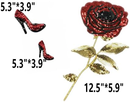 נצנצים רקמת פרחי ורד אדום אפליקציות נעליים גבוהות עם עקב עקב דיו גיהוץ בגדי תפירה לבוש חולצת טריקו