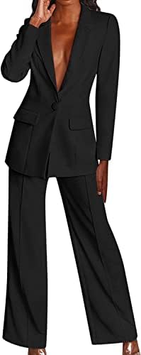 Vanboer שני חתיכות מכנסיים מכנסיים מתלבשים נשים מזדמנים של נשים מוצקות שרוול ארוך חליפות כפתור מעיל מותניים גבוהות