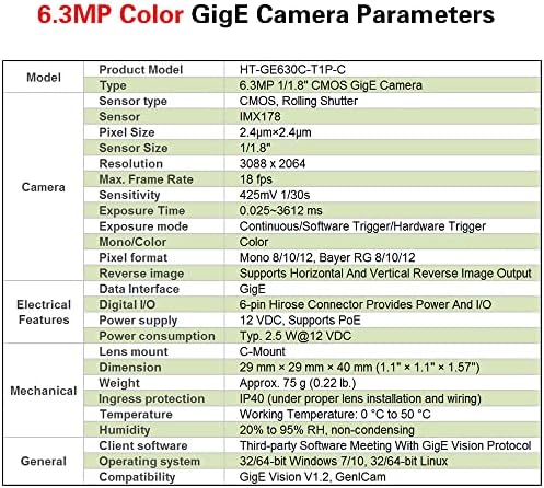 Hteng Vishi Gige Ethernet 6.3MP 1/1.8 צבע מצלמה תעשייתית מכונה ראייה ראייה תריס C-FOUNS SCAN SCAN מצלמה 3088X2064@18FPS