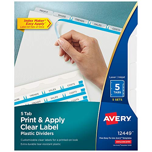אייברי פלסטיק 5-כרטיסיית חוצצים קלסר, הדפסה קלה & מגבר; להחיל רצועת תווית ברורה, יצרנית מדד, חלבית ברורה, 5