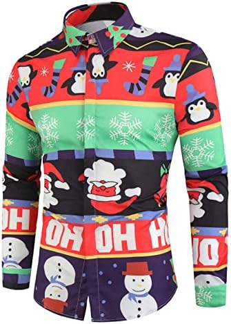 חולצות חג מולד XXBR לגברים, מצחיק 3D חג המולד סנטה קלאוס חתול מודפס צמרות שרוול ארוך כפתור למטה מפלגה חולצה