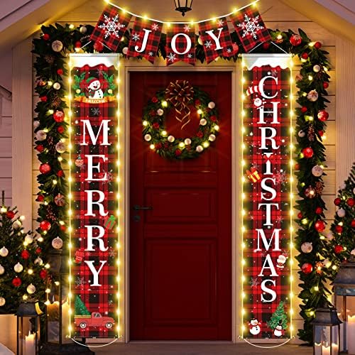 7 יח 'באנר חג מולד שמח שלט מרפסת קדמית מוארת, שלט מרפסת משובץ באפלו שחור אדום, שמחה, שמחה חג המולד שמח אורות