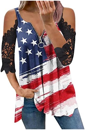 נשים של אמריקאי דגל כוכב פסים תחרה קר כתף חולצות 4 ביולי עצמאות יום רופף גרפי טי חולצות