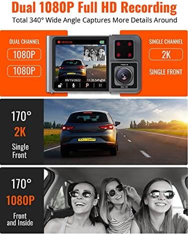Kingslim D1 Pro 2K Dash Cam Fun Front ובפנים עם Wi -Fi GPS - 2K/1080p מצלמת מקף כפול למכוניות,