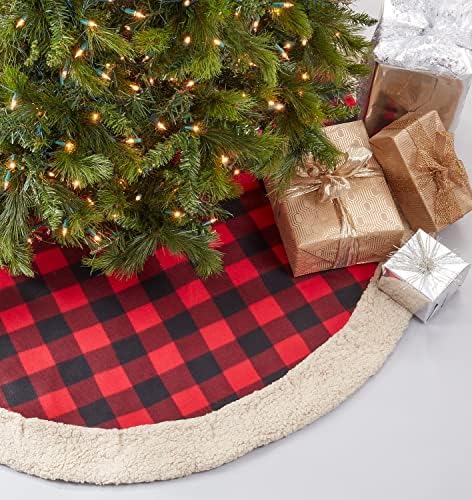 סגנונות Fennco Buffalo משובצים עם חצאית עץ גבול שרפה 72 אינץ 'עגולה - חצאית עץ אדומה לבית, עץ חג המולד,