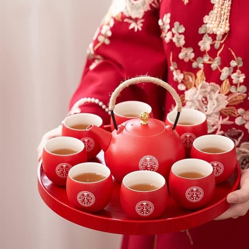 סיר תה קרמיקה מודרני סיר תה סיר תה כוס וכוס סט בסגנון סיני חתונה חתונה אדומה מתנות סיר של שמונה כוסות