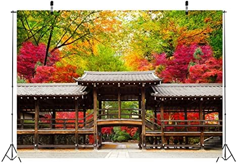 בלקו 10 על 6.5 רגל בד סתיו נוף ביפן רקע אדריכלות מסורתית מסדרון עץ יפה יפני אדום עלים קיוטו יער גן