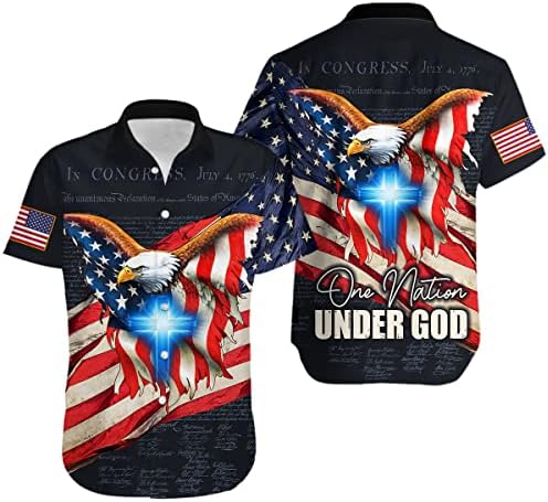 אומה אחת מתחת לאלוהים חולצות איגל אמריקאיות לגברים- דגל ישוע פטריוטי 1776 כפתור שרוול קצר שרוול הוואי