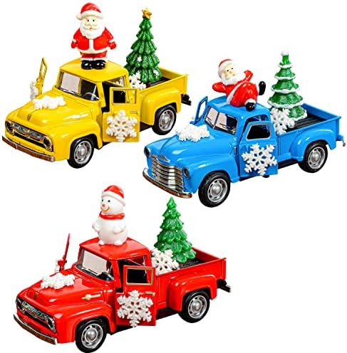 עיצוב משאית חווה לחג המולד, 3 יח 'דגמי טנדר מתכת דגמי מכוניות עם עצי חג המולד של שרף שרף, סנטה קלאוס,