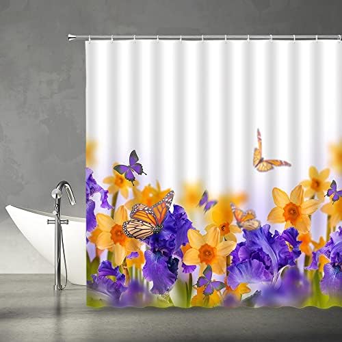 Jemxwux פרחים פרפר וילון מקלחת כתום פנטזיה פרחונית סגולה חלום Ombre צמח אביב נוף נוף בנות אשת אמבטיה