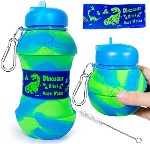 בקבוק מים של דינוזאור לילדים בנים פעוטות 19oz 550 מל סיליקון מתקפל BPA חינם חינם דליפות ספורט פות