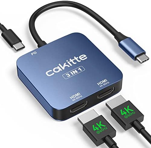 Cakitte USB C עד מתאם HDMI כפול 4K@120Hz/60Hz, 3 ב- 1 USB C למתאם HDMI עבור מסכים כפולים עם טעינה של 100 וואט PD,