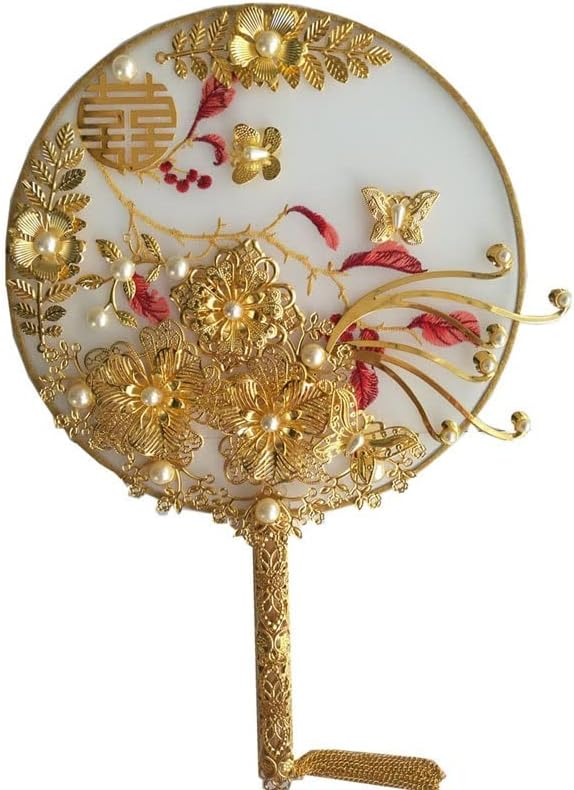 Jkuywx זרי מאוורר כלה זהב סיני רקמה קלאסית בעבודת יד אביזרי חתונה מאוורר מעריץ