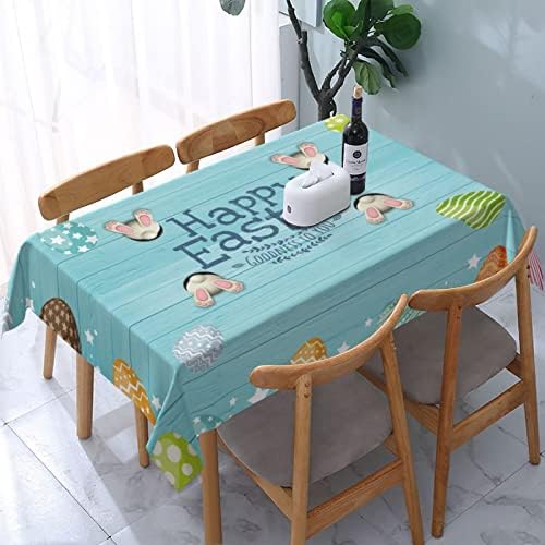 בד שולחן עץ כחול קנטיק פסחא יום ביצת ארנב מלבן מפת שולחן 54 על 72 אינץ כפרי עם קמטים עמיד למסיבה,