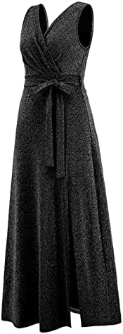 ADSSSDQ שמלת אופנה לנשים ללא שרוולים ללא צוואר V שרוך שמלות ערב מבריק שמלת מסיבות שמלת צד חריץ חצאית ארוכה