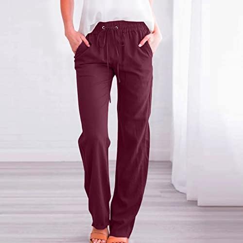 מכנסי פשתן כותנה קיץ מזדמנים לנשים מכנסי רגל רחבים עם כיסים צבע אחיד עם מכנסי רגל ישר מכנסי חוף מכנסיים
