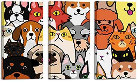 אמנות קיר לסלון, ציור שמן על בד כלבים וחתולים צבעוניים גדולים ממוסגרים פונים ליצירות אמנות לעיצוב חדר