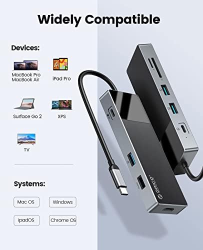 USB C נייד תחנת עגינה, ORICO 9 1 סוג C רכזת Multiport מתאם עם משטרת 100W，HDMI 4K@30Hz，USB-A3.0×3，USB-C3.0×1，USB-A2.0×1，SD/TF×1