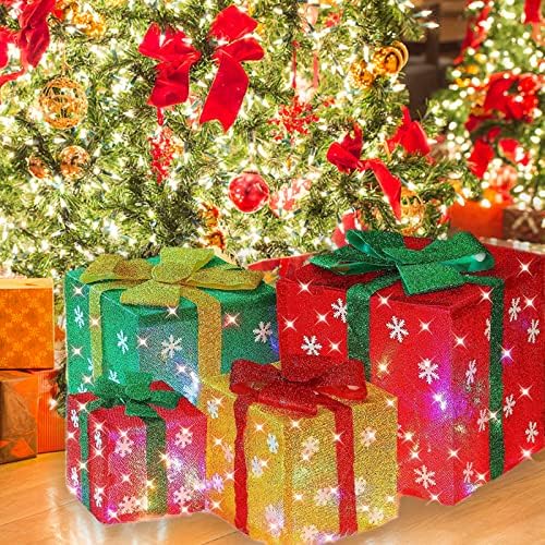 3 יח 'קופסאות קופסאות מתנה מוארות לחג המולד עם קשתות, 60 קופסאות שלג צהוב ירוק אדום אדום קופסאות נוכחות,