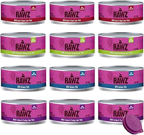 Rawz Natural Premium Caped Cat Food Fate -12 Pace -12 חבילה מגוון - 4 טעמים - עם מכסה חיות מחמד נקודה חמה