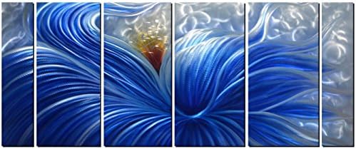 אמנות קיר מתכתית עם עיצוב פרחים כחול ענק, יצירות אמנות מופשטות לעיצוב מודרני ועכשווי, פסל קיר מתכת,