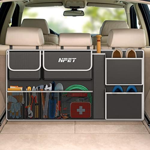 מארגן אחסון תא המטען של מכוניות NPET, מארגן תלוי במושב האחורי, קיבולת גדולה עם 6 כיסים ו -2