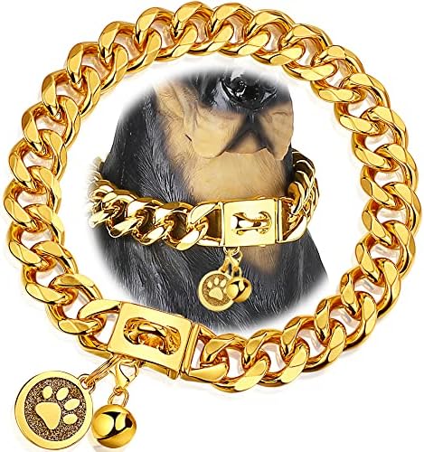 צווארון שרשרת כלבים זהב של Idofas צווארון כלבים קישור קובני 19 ממ עם אבזם הצמד 18 קרא