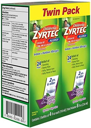 Zyrtec 24 שעות סירופ אלרגיה לילדים עם cetirizine, ענבים ללא סוכר, חבילה תאומה של 4 פל. עוז