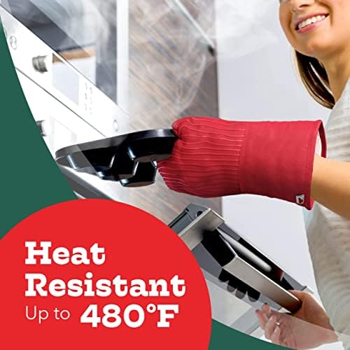 כפפות תנור אדומות גדולות ומערכות סיר מחזיקי סיר, עם התנגדות לחום של סיליקון וגמישות של כותנה,