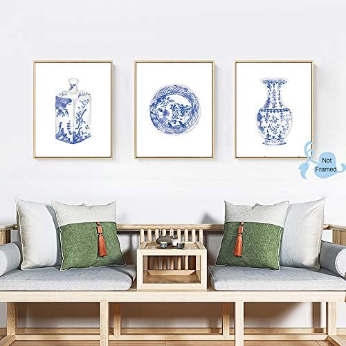 הדפס אמנות קיר צ'ינואיזרי-עיצוב חדר שינה או לימוד-סיני כחול לבן אגרטל חרסינה אגרטל בד הדפס-לא ממוסגר-8x10
