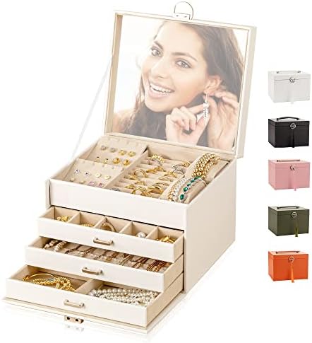 קופסת תכשיטים של קני לנשים, 4 שכבות קופסת אחסון גדולה של תכשיטים עם מראה, קופסת מארגן תכשיטי עור