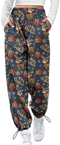 מכנסי טרנינג לחג המולד של נשים רצים מזדמנים מותניים גבוהים משוך על מכנסי טרנינג ספורט חג המולד רופף מכנסי
