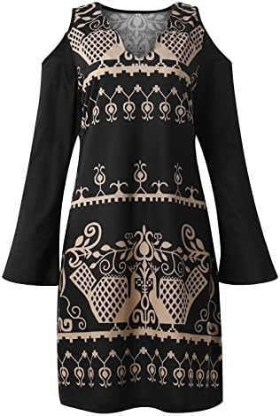 שמלת נוקמופו השנה החדשה של חווה דפוס רטרו דפוס טל כתף V-צווארון שמלה מזדמנת של שרוול ארוך