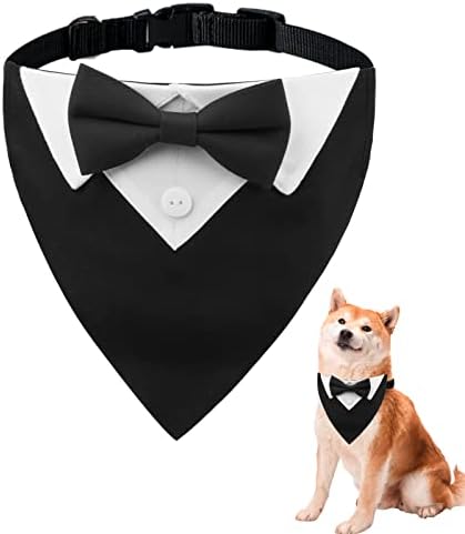 כלב טוקסידו בנדנה, צווארון כלבים רשמי לחתונה עם עניבת פרפר, אירוסין כלבים בנדנה צוואר עניבה עיצוב צווארון