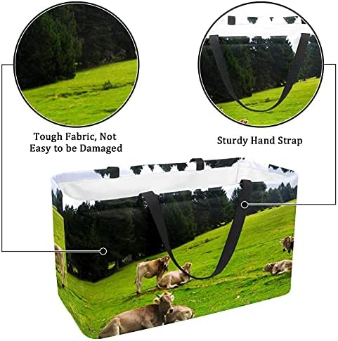 שקיות קונים 50L בקר פרות בקר מנוחות על אחו העשב של דשא תיק קניות מתקפל בתיק מכולת עם ידיות, לשימוש