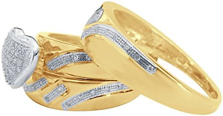 JSJewels 1/4 CT T.W. שלישיית הלב של דיימונד הילה תואמת טבעת נישואין תואמת 10K זהב צהוב FN